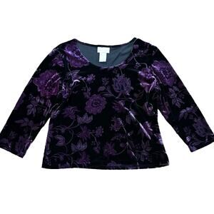 Vtg 90s Y2K Purple Velvet Burnout Top Large Whimsigoth Fairy Witchy Dark Floral